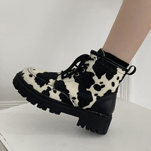 Cow Patterns Faux Suede Ankle Boots Women Med-heels Shoes Black Platform Booties - £39.41 GBP
