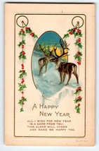 Happy New Year Postcard Deer Poinsettia Leaves Embossed JP 1917 Vintage Greeting - £5.94 GBP