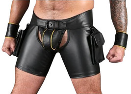Men&#39;s Real Leather Carpenter Shorts With Cargo Pockets Breeches BLUF Gay Schwarz - £71.09 GBP