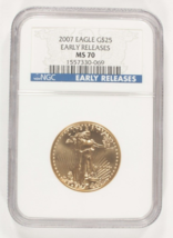 2007 1/2 Oz. G $ 25 Oro American Eagle Selezionato Da NGC Come MS70 Earl... - £1,403.95 GBP