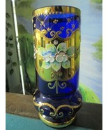 Bohemian Czech Crystal Blue Gold Applied Flowers Vase 6 1/2&quot;  [95c] - $123.75