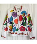 Coldwater Creek Tropical Floral Embroidered Jacket White Cotton Denim Bu... - $99.04 CAD