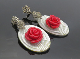 925 Sterling Silver - Vintage Mother Of Pearl &amp; Coral Dangle Earrings - EG3265 - £38.65 GBP