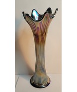 Fenton 11.5&quot; Tall Blue Iridescent Carnival Glass Vase Fluted &amp; Ribbed - $48.00