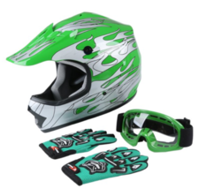 TCMT DOT Helmet for Kids &amp; Youth Green Flame with Goggles &amp; Gloves Size Small - £43.21 GBP