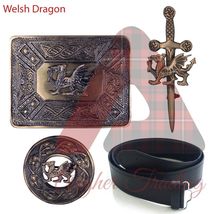 Scottish Welsh Dragon Design Kilt Belt - Real Leather Belt - Buckle - Pin Brooch - £22.72 GBP