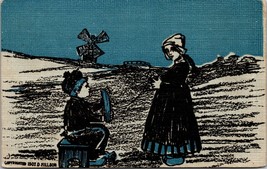 BOY AND GIRL BLUE TINTED DUTCH SCENES D HILLSON POSTCARD 1907 Windmill - $4.79