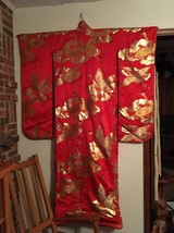 (W-KIM-1) Rare vintage red Silk Kakeshita Japanese Wedding Kimono crane ... - $1,666.99