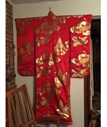 (W-KIM-1) Rare vintage red Silk Kakeshita Japanese Wedding Kimono crane ... - $2,260.69 CAD