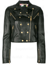 New Woman Black Brando Golden Button Up Zipper Cowhide Biker Leather Jac... - $199.99