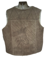 Vintage Southwestern Sherpa Wool Snap Front Leather Vest XL Animal Print Horse - £116.80 GBP