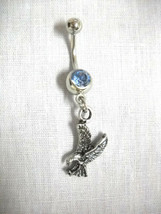 American Eagle Bird Dangling Pewter Charm 14g Baby Blue Cz Belly Ring Barbell - £4.77 GBP