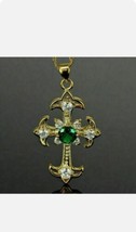 1.50Ct Round Green Emerald Diamond Cross Pendant 14K Yellow Gold Plated - £96.07 GBP