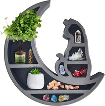 Wooden Cat On The Moon Shelf For Crystals, Wall Decor Shelves, Wall Mounted - £36.73 GBP