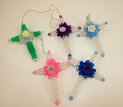 VTG Beaded Handmade Christmas Cross Rose Ornament Lot of 5 Faux Green Purple - £18.02 GBP