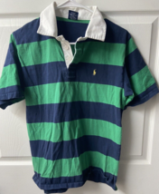 Polo Ralph Lauren Boys Size L Green Blue White Collared Striped Rugby Shirt vtg - £10.77 GBP