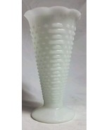 Vintage  White Milk Glass Hobnail Trumpet Vase Tall Ruffled Edge - $14.95