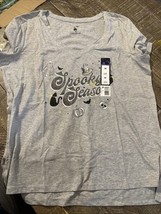 Halloween Spooky Season V-Neck Heather Gray S/S T-Shirt Top Womens M - $11.76
