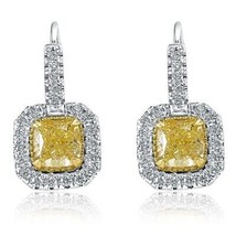 2.60 CT Cushion Cut Yellow Diamond Halo Drop Earrings 14k White Gold - £4,707.05 GBP