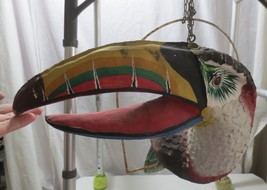 Vtg Paper Mache Tucan on hanging perch Leather feathers Hand Painted - £219.31 GBP