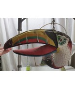Vtg Paper Mache Tucan on hanging perch Leather feathers Hand Painted - £215.12 GBP