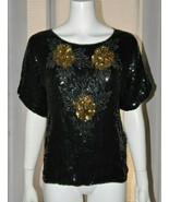 Vintage Black Sequin Blouse Top sz Medium M Floral Evening Cocktail Part... - $24.95