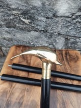 Antique Wooden Black Plain Walking Stick Cane with Solid Brass Fish Head Handle - £25.55 GBP