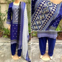 Pakistani Royal Blue Printed Straight Shirt 3-PCS Lawn Suit w/ Threadwork ,L - £40.72 GBP
