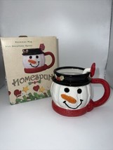 Homespun Snowman Mug With Snowflake Spoon Cracker Barrel Mug Blk Hat Red Scarf - £9.43 GBP