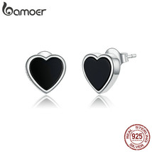 Genuine 925 Silver Black Agate Heart Stud Earrings for Women and Men Punk Jewelr - £17.77 GBP