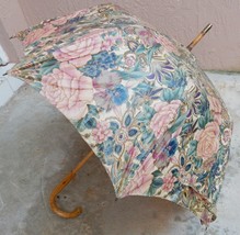 Victorias Secret Victoria&#39;s Umbrella Parasol Floral Canvas Wood Handle Vtg Rare - £62.02 GBP