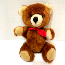 Rare Vintage Brown Stuffed Plush Jointed Teddy Bear Red Ribbon 7&quot; No Tus... - £12.33 GBP