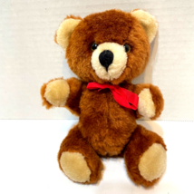 Rare Vintage Brown Stuffed Plush Jointed Teddy Bear Red Ribbon 7&quot; No Tus... - £12.40 GBP