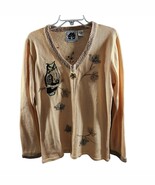 StoryBook Knits Sz L Peach AUTUMN GUARDIAN OWL Maple Leaf Zipper Front C... - $50.44 CAD