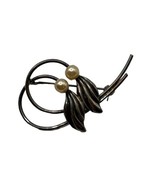 Denmark E. Dragsted 925 Sterling Silver Leaf Brooch Pearl Loop Signed - $47.42 CAD