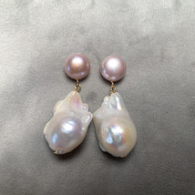Large Pearl Earrings White Color Natural Baroque Pearl Silver Nail Long Earrings - £59.44 GBP