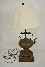 Brass Teapot Table Lamp Scrolling Wood Handle Acorn Knob Vintage - £285.40 GBP