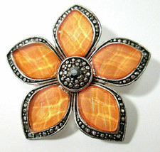 Beautiful Faceted Orange Petal Flower Brooch Pin with Faux Marcasite Metal - £8.96 GBP