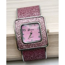 Geneva Pink Sparkle Glitter Watch Bangle Cuff Quartz Silver Tone - $24.87