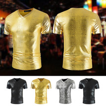 Men&#39;s Shiny Stretch T-Shirt Tops Metallic Muscle Tees Party Dancing Nightclub - £11.60 GBP+