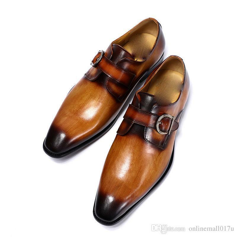 Men Burnished Pointed Toe Monk Style Buckle Strap Genuine Leather Shoes US 7-16