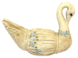 Vintage Straw and Wood Handpainted Swan White Blue 8 inches Wall Hanging - $22.50