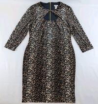 Cache Leopard Print Bodycon Dress Sz 14 Stretch 3/4 Sleeve Back Zip - $36.82