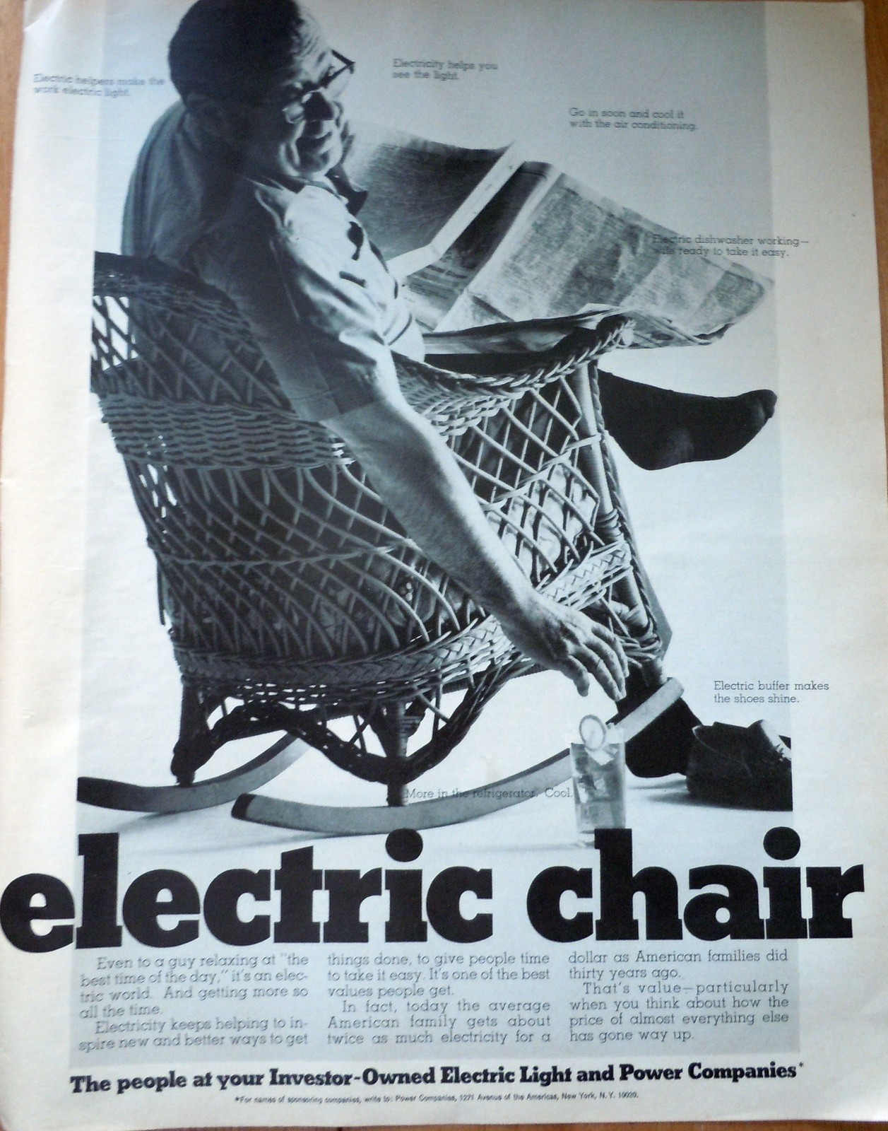 Primary image for Electric Chair Electric Light  Power Companies Print Magazine Advertisement 1968