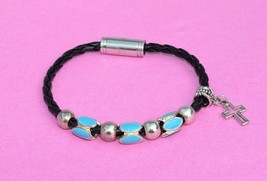 Black Cord Statement Bracelet Silver Tone Turquoise Enamel Add A Bead Charms - £9.79 GBP