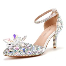 Women Wedding Shoes Silver Rhinestone High Heels Ankle Strap Pumps Party Dress C - £86.26 GBP