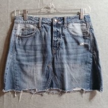 American Eagle Button Fly Denim Jean Skirt Size 2 Blue Distressed Stretch Mini - £10.68 GBP