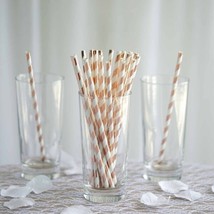 250 Pcs 8&quot;&quot; White And Rose Gold Biodegradable Striped Paper Straws Wedding Party - £27.72 GBP