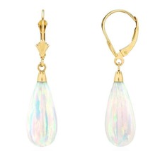 1.1" 14K Yellow Gold Tear Drop Shaped White Fire Opal Lever back Dangle Earrings - $75.22