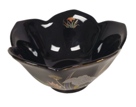 Vintage Black Fluted Porcelain Bowl 2.5” Gold Rim &amp; Hand-Painted Floral ... - $12.82